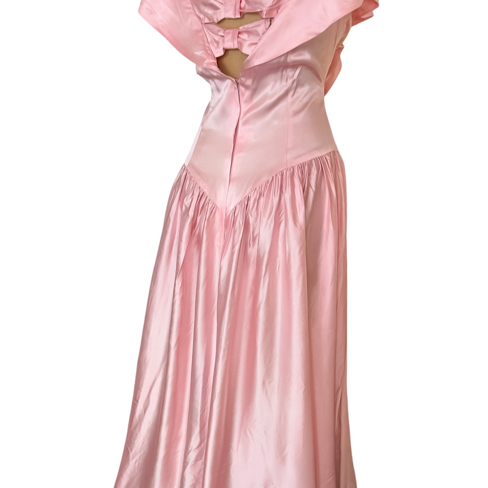 Vintage 80s Satin Pink Formal Ball Gown Princess Bow Hi Low Prom Party Dress