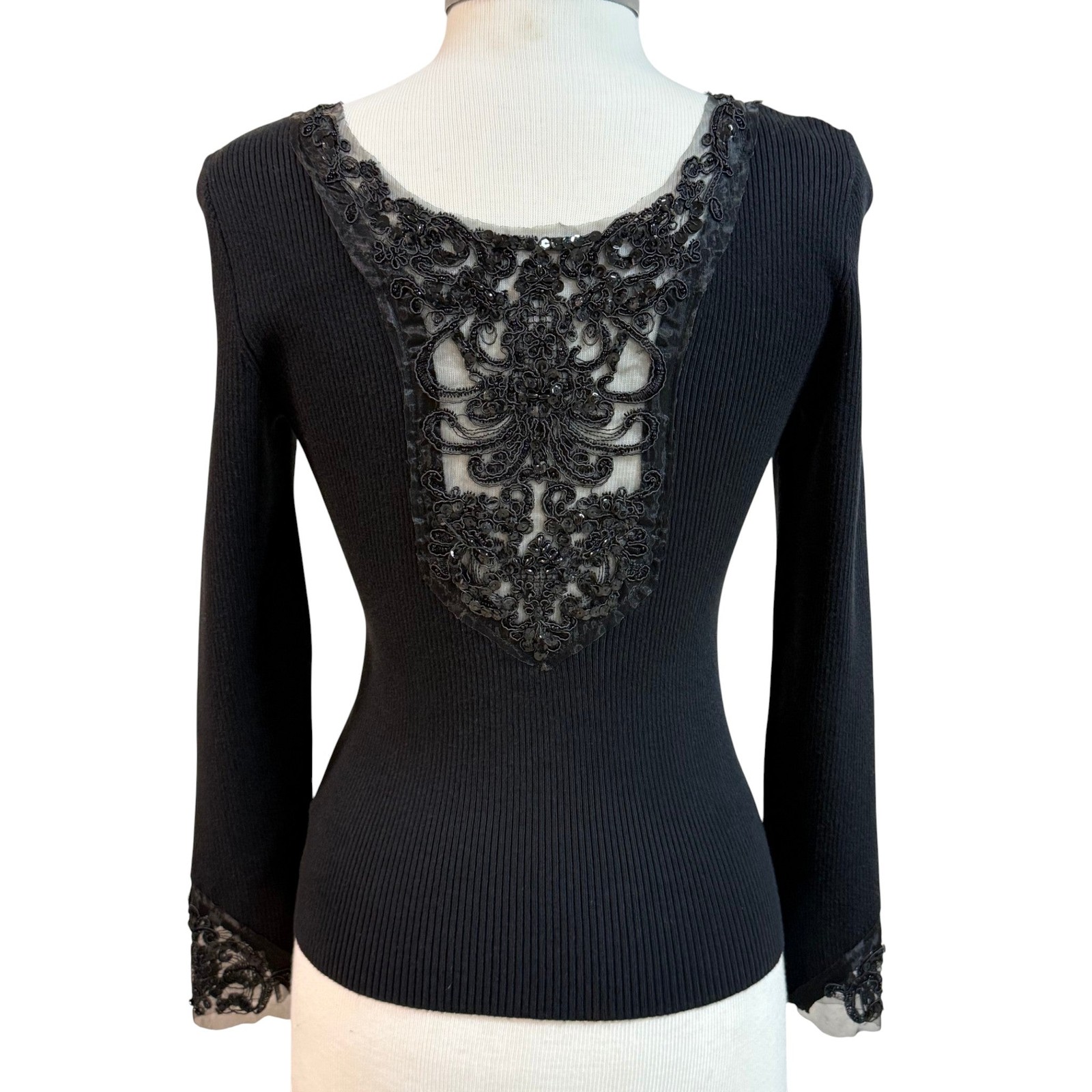 Vintage Black Ribbed Knit Sweater Sequin & Lace Trim Size Small