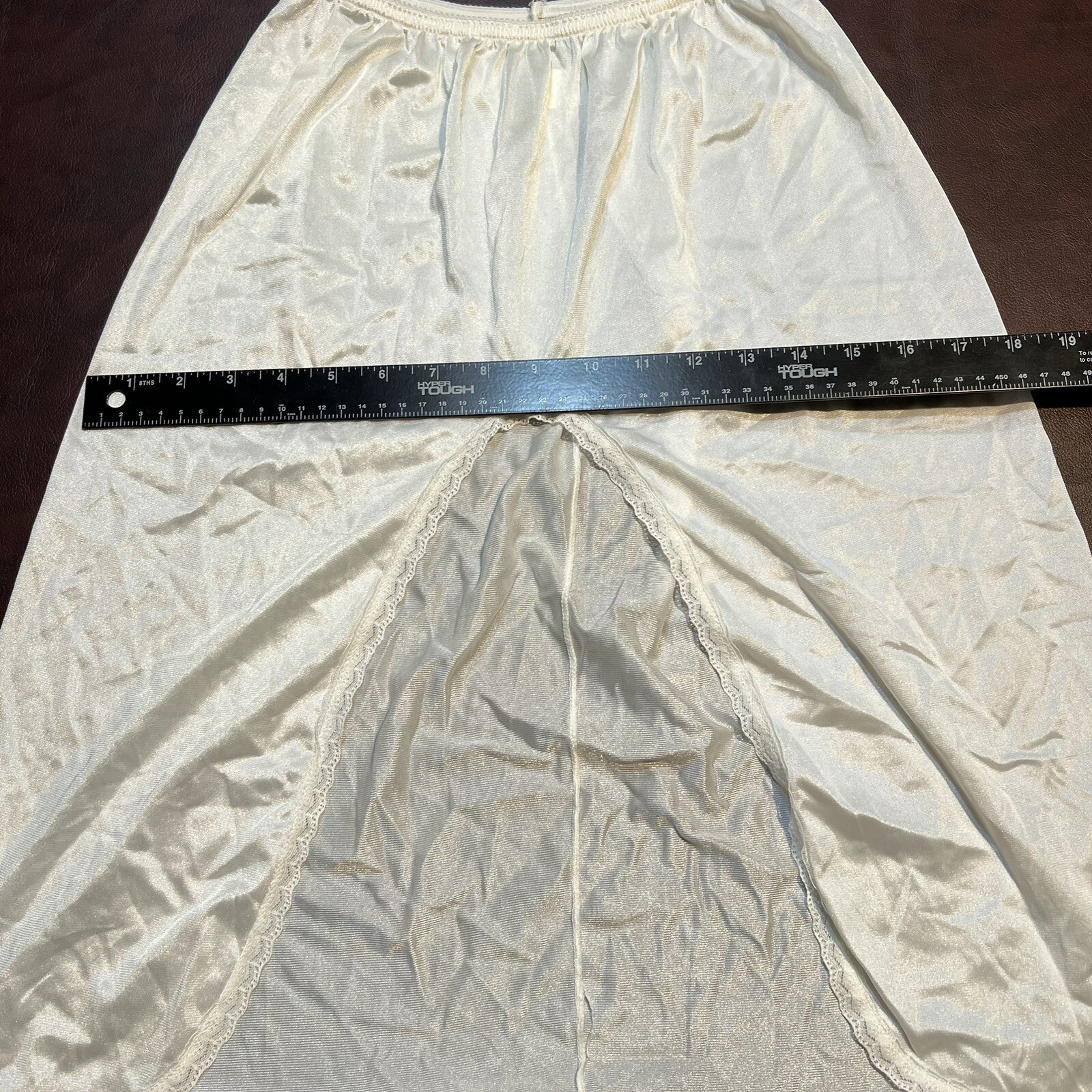 Vintage 70s Fortune Elastic Waist Slip Skirt Size M Lace Trim Cream One Slit