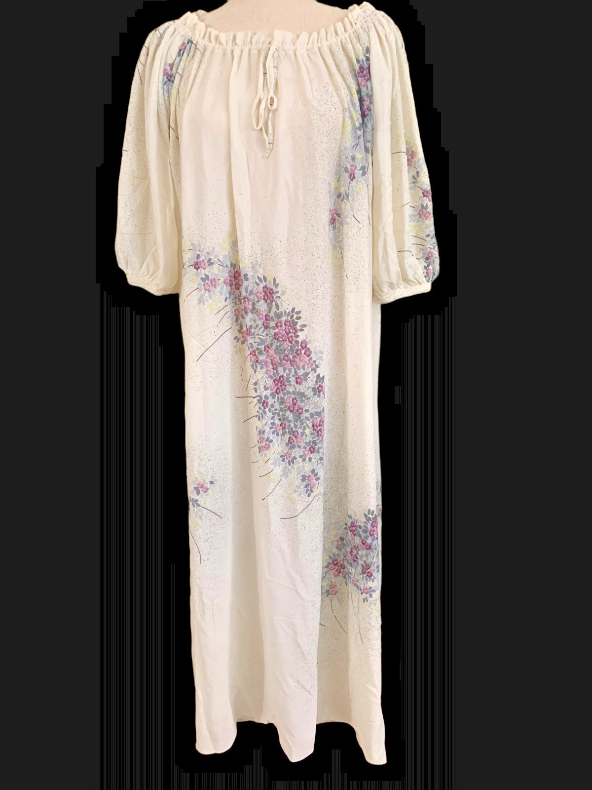 Cinch Neck Maxi Night Gown Cottage Prairie Vintage Lavender Floral 1960s Size L