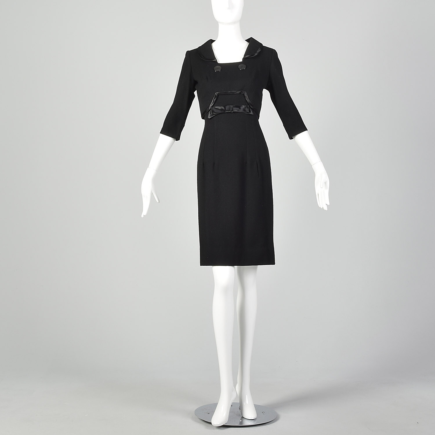 S 1950s Black Dress Wool Pencil Sheath Classic LBD Pinup Rockabilly Bow 50s VTG