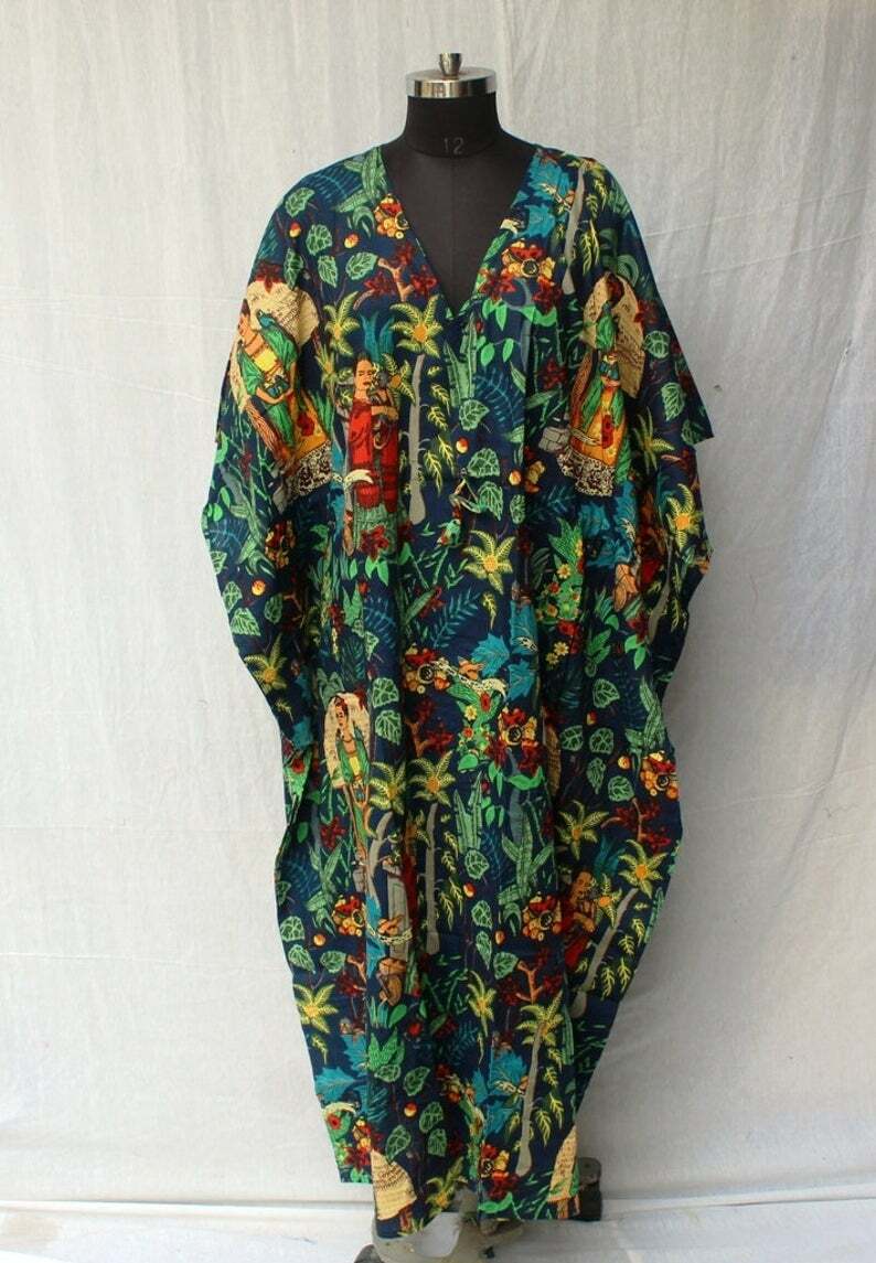 Blue Cotton Kaftan, Indian Floral Kaftan, Long Caftan, Beach Cover up, Sleepwear