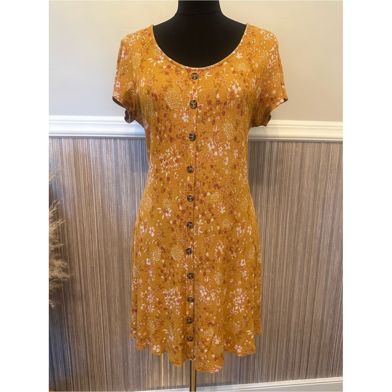 SO Mustard Floral Button Front Knit Swing Dress Large Boho Cottagecore