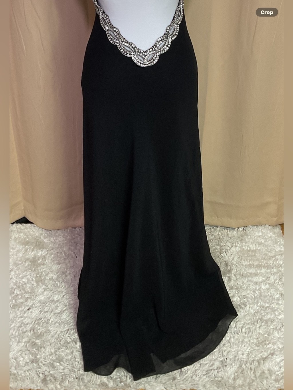 Faviana Couture Vintage Black Maxi Evening Gown with Silver Beaded Trim