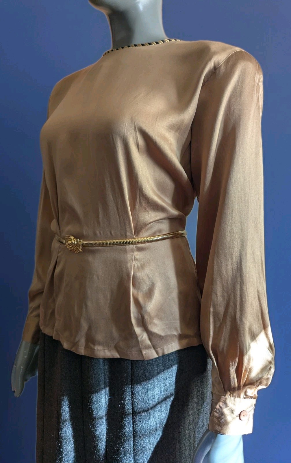Vintage 1980s Casual Corner 100% Silk Satin-Finish Bronze Blouse Rope Trim 4