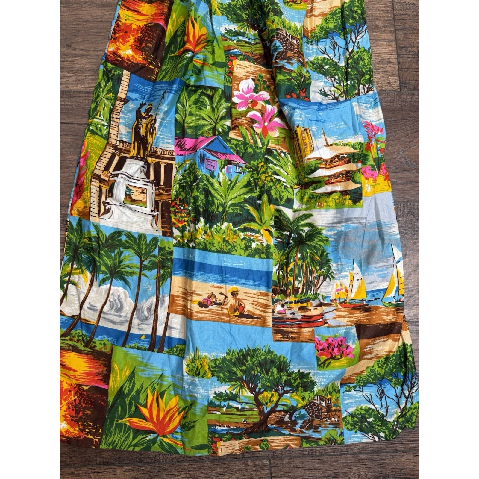 Vintage Hawaiian Floral Smocked Ruffle Hawaii Maxi Dress Polynesian Bazaar XS