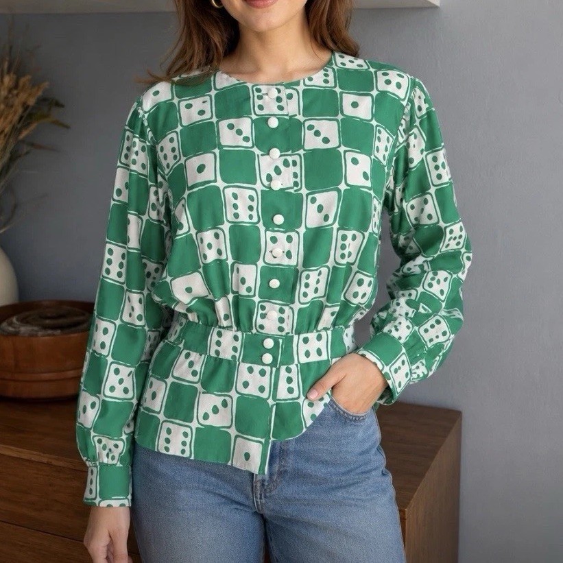 Vtg Louis Féraud Blouse Checkered Dice Cinched Waist Sz 8 Abstract Pop Art