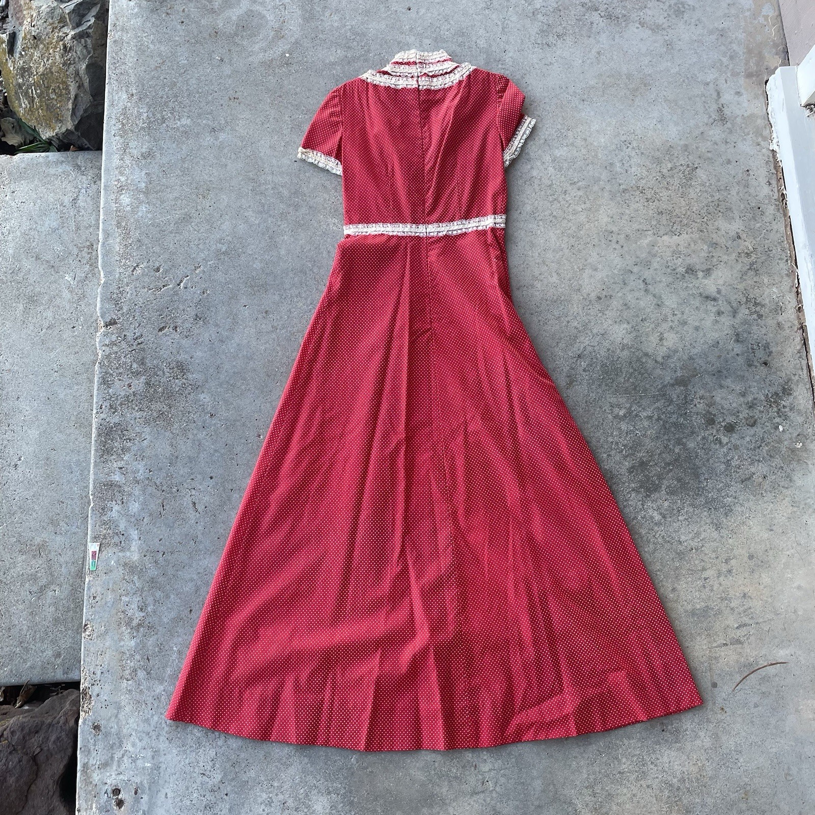 Prairie Cottage Core Vtg 70s Maxi Dress Red White Polka Dot Lace Trim Women’s S