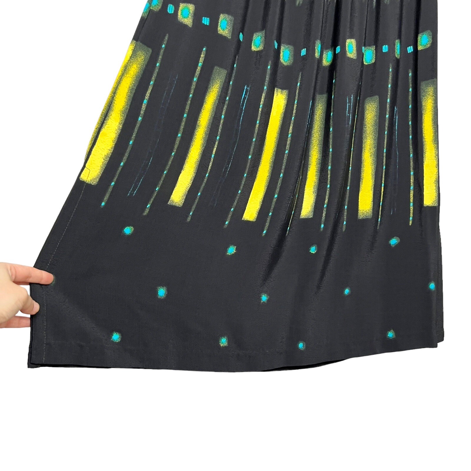 Vtg Nino Wong Rayon Black Teal & Bright Yellow Abstract Print Maxi Skirt Medium