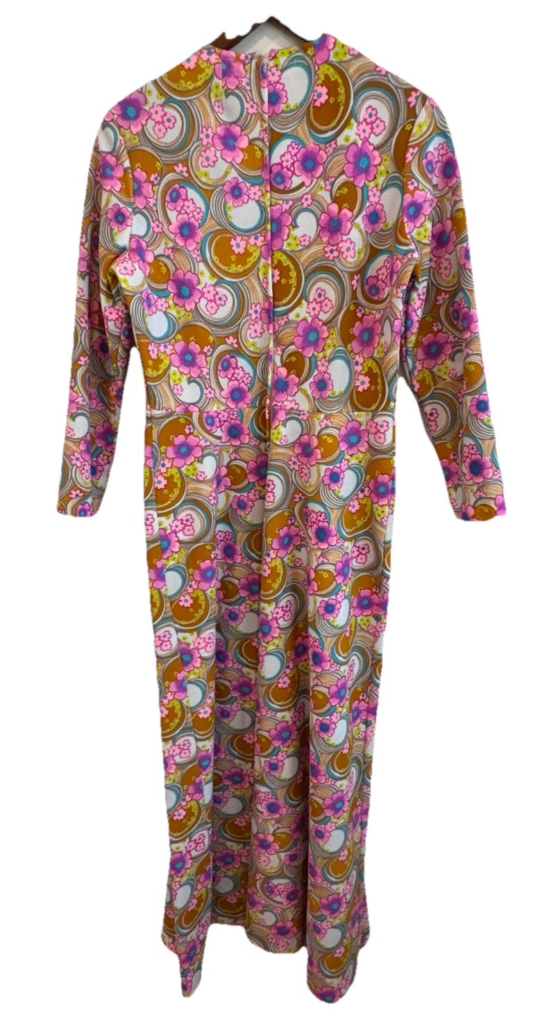 Vintage 60s 70s Psychedelic Hippie Colorful MOD Floral Maxi Dress Sz Large