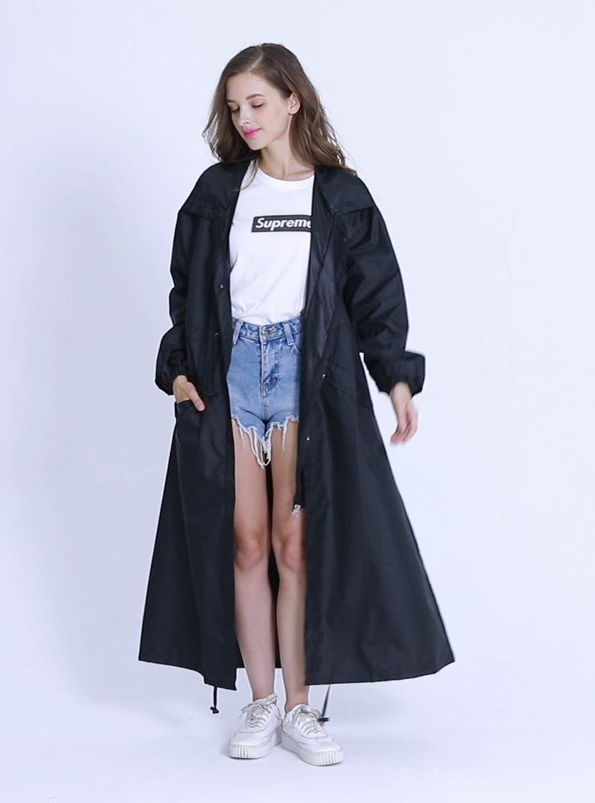 Freesmily Women’s Stylish Long Raincoat with Hood and Multi Color Pattern Black