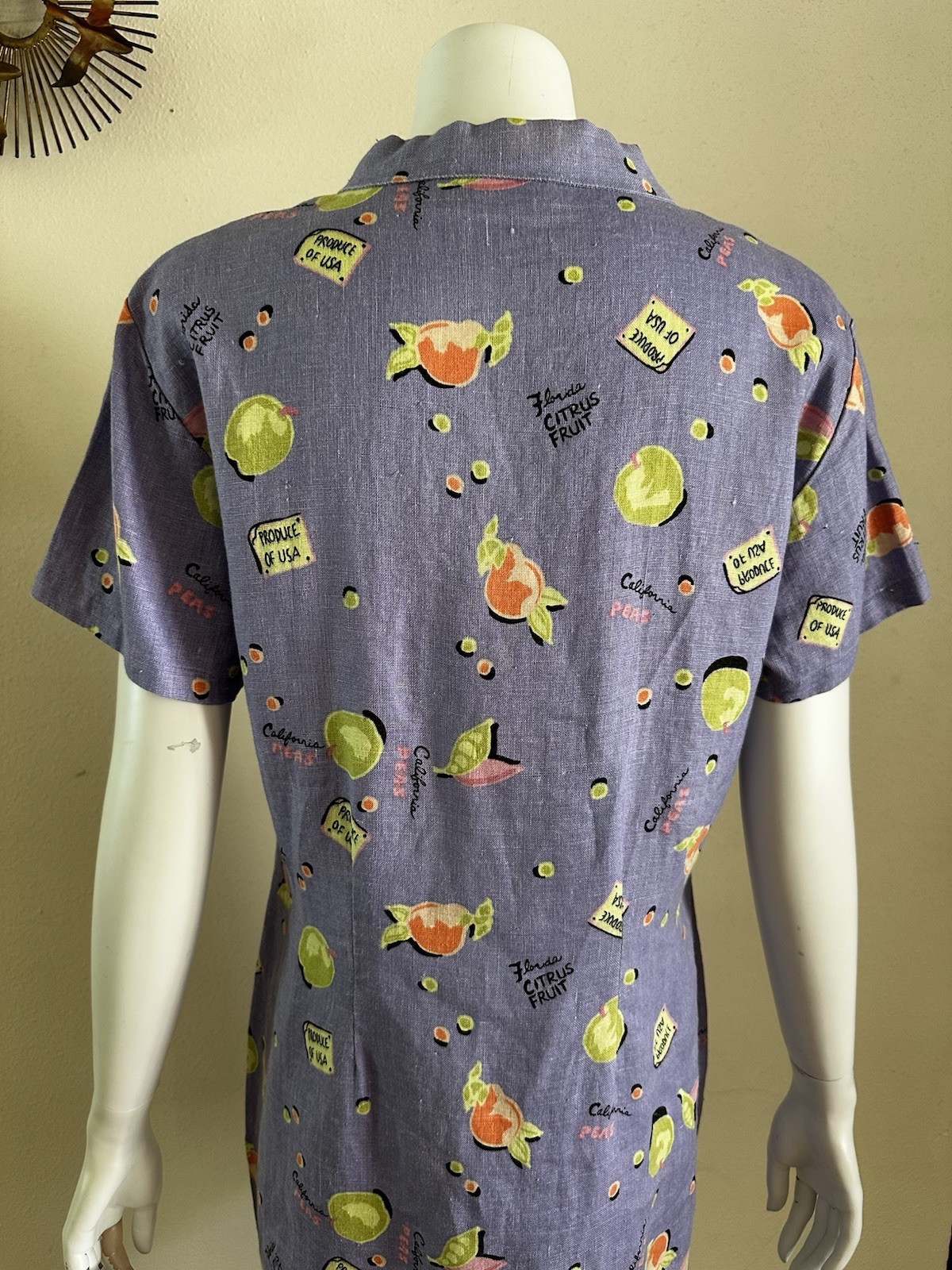Vintage 90s Linen Novelty Citrus Fruit Shirt Dress Purple Button Front Kiko S M