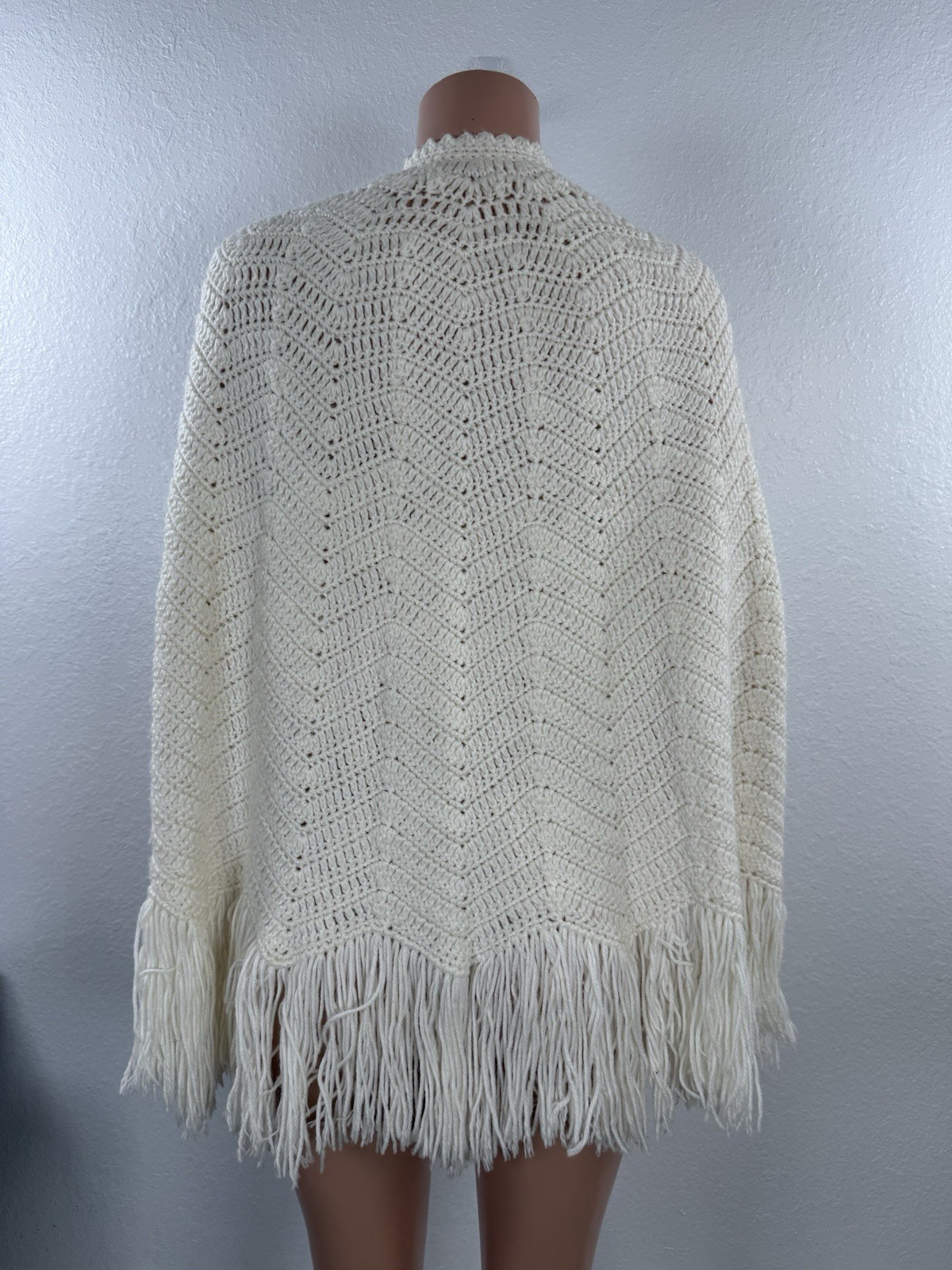 70s Vintage Crochet Off White Poncho Shawl Handmade Knit Wrap Boho Crocheted