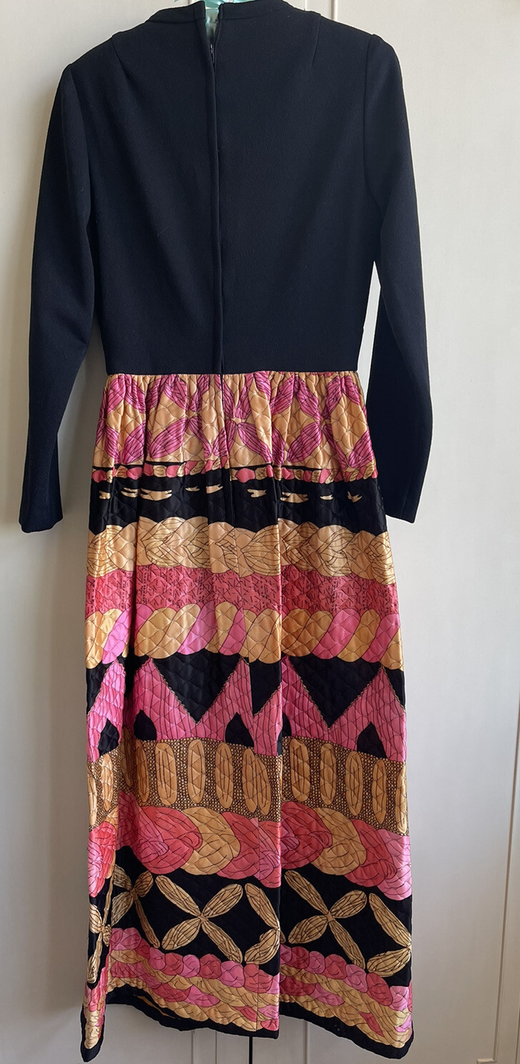 Vtg MCM 1960s EVE LE COQ Maxi Dress S/M Boho Hip Chic Black Pink MAD MEN ERA