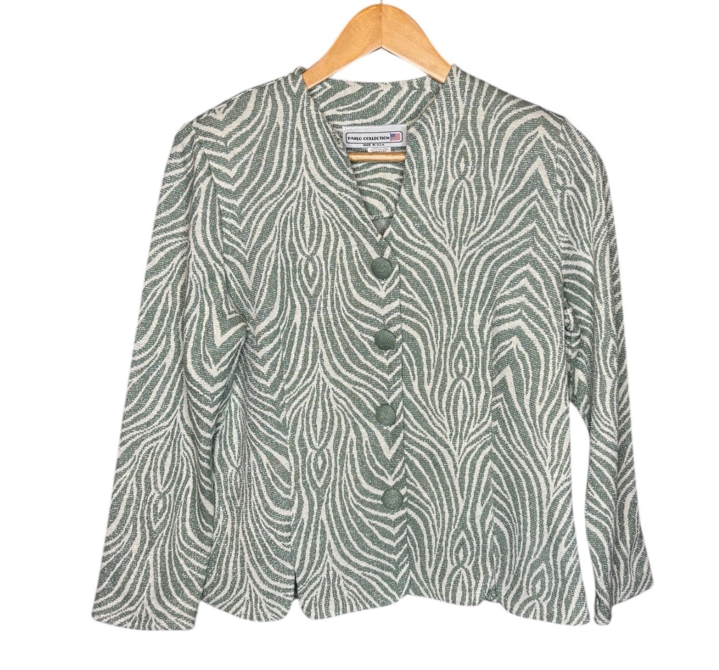 Vintage Pablo Collection Petites 8 8P Green Shimmer Knit Zebra Blazer Jacket