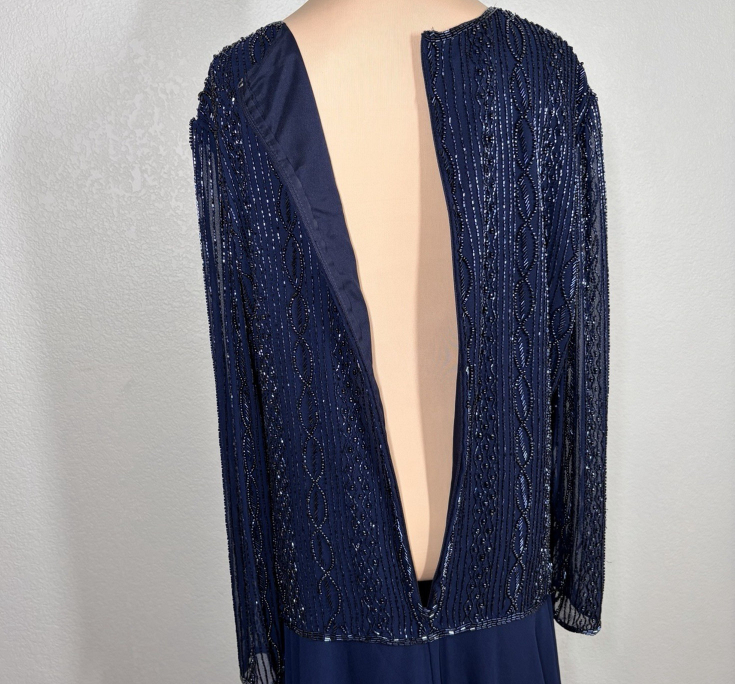 Vintage Brilliante by J.A. Navy Blue Beaded Gown Long Sleeve India MOB Large