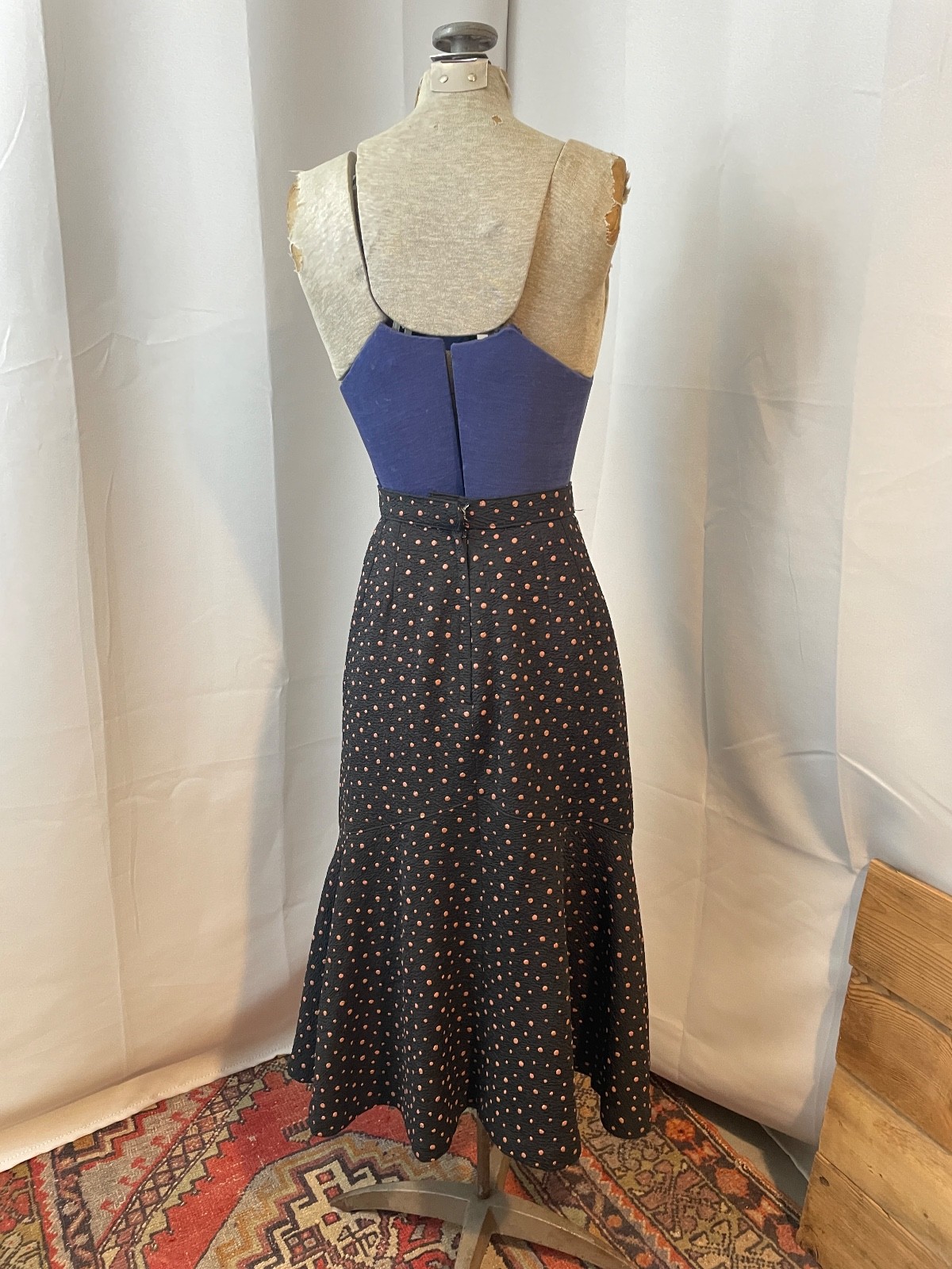 Polka Dot Ruffle Pinup Skirt Black and Tan Crepe 1950s Vintage Rockabilly S