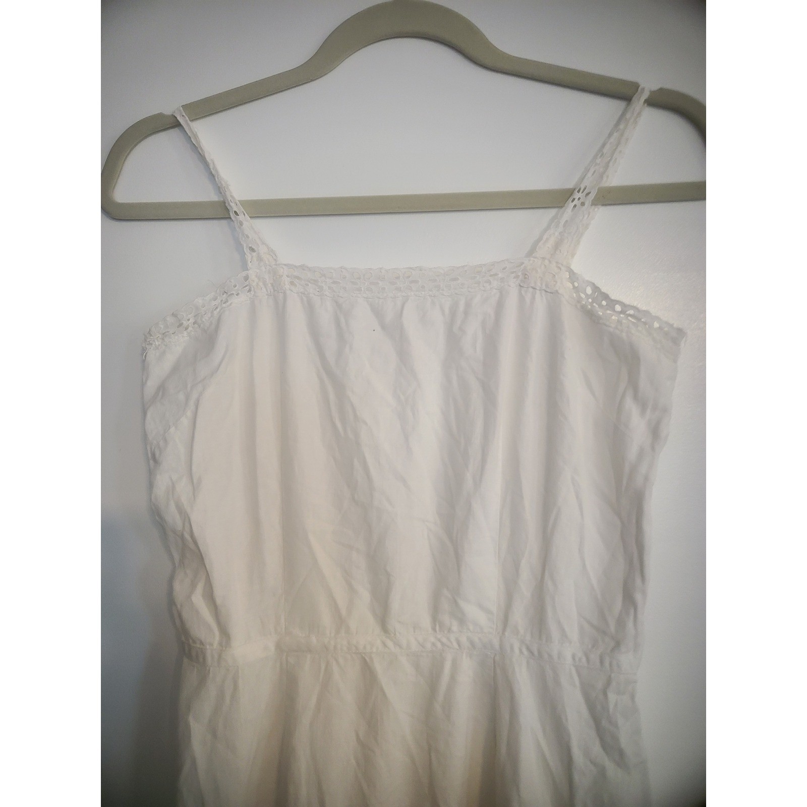 Vintage White Cotton Eyelet Lace slip gown Tiered Ruffle Hem Spaghetti Strap