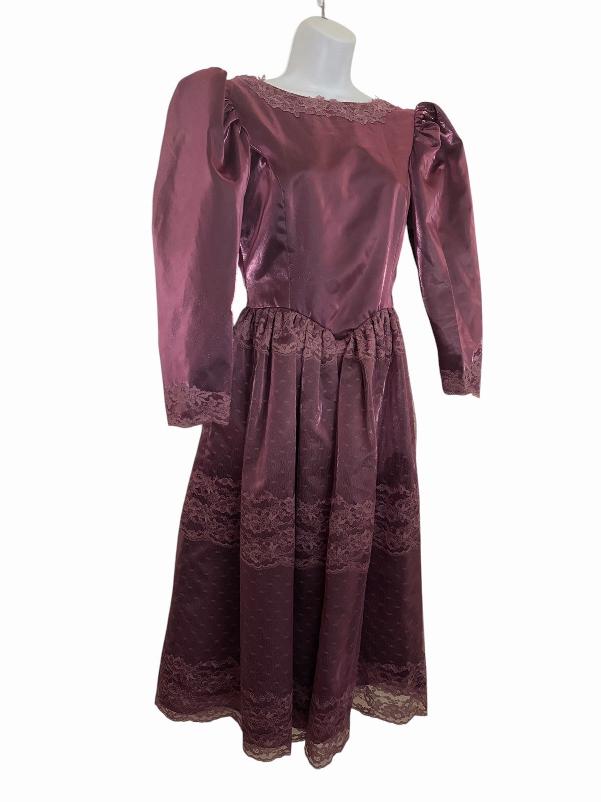 Vintage 80s Iridescent Purple Satin Lace Dress Size S M