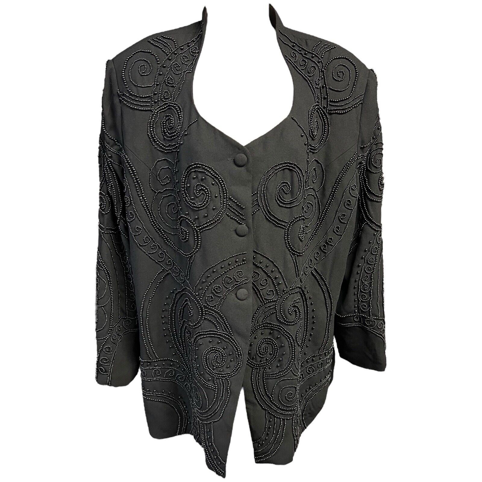 VTG Davinci Jacket 18X Black Beaded Mandarin Collar Swirl Design Dressy Elegant