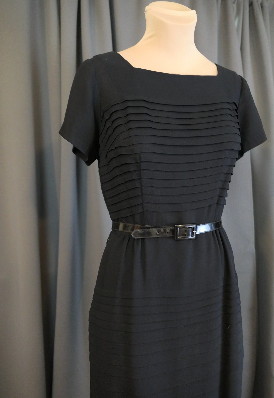 Vintage 1950s Black Pleated Dress, Hourglass Fitted, Gloria Swanson, 35 bust