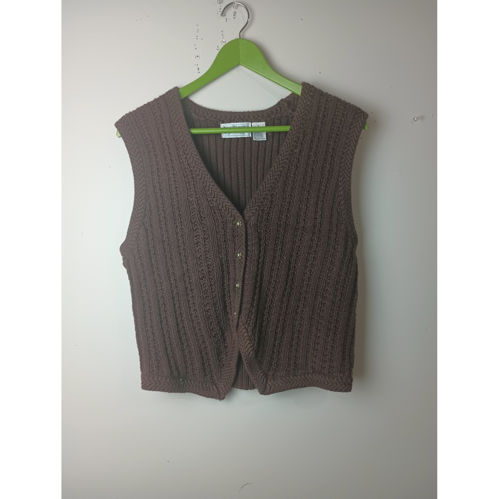 Vintage Maggie Lawrence Sport Brown Crochet Sweater Vest Boho Cotton Ramie Small