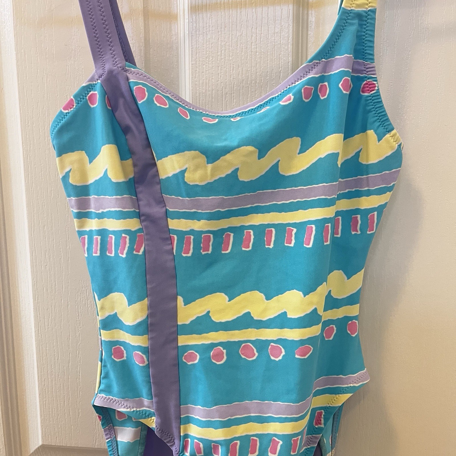 Vintage JAG One Piece Swimsuit Aqua Purple Pastel Abstract High Cut 80s Size 10