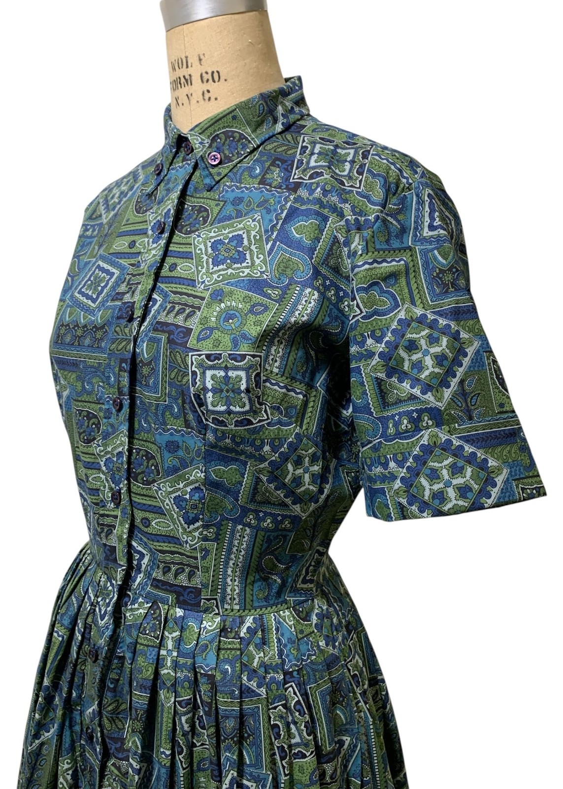 Vintage 60s Women’s SS Blue Green Paisley Cotton Shirtwaist Dress – Sz M