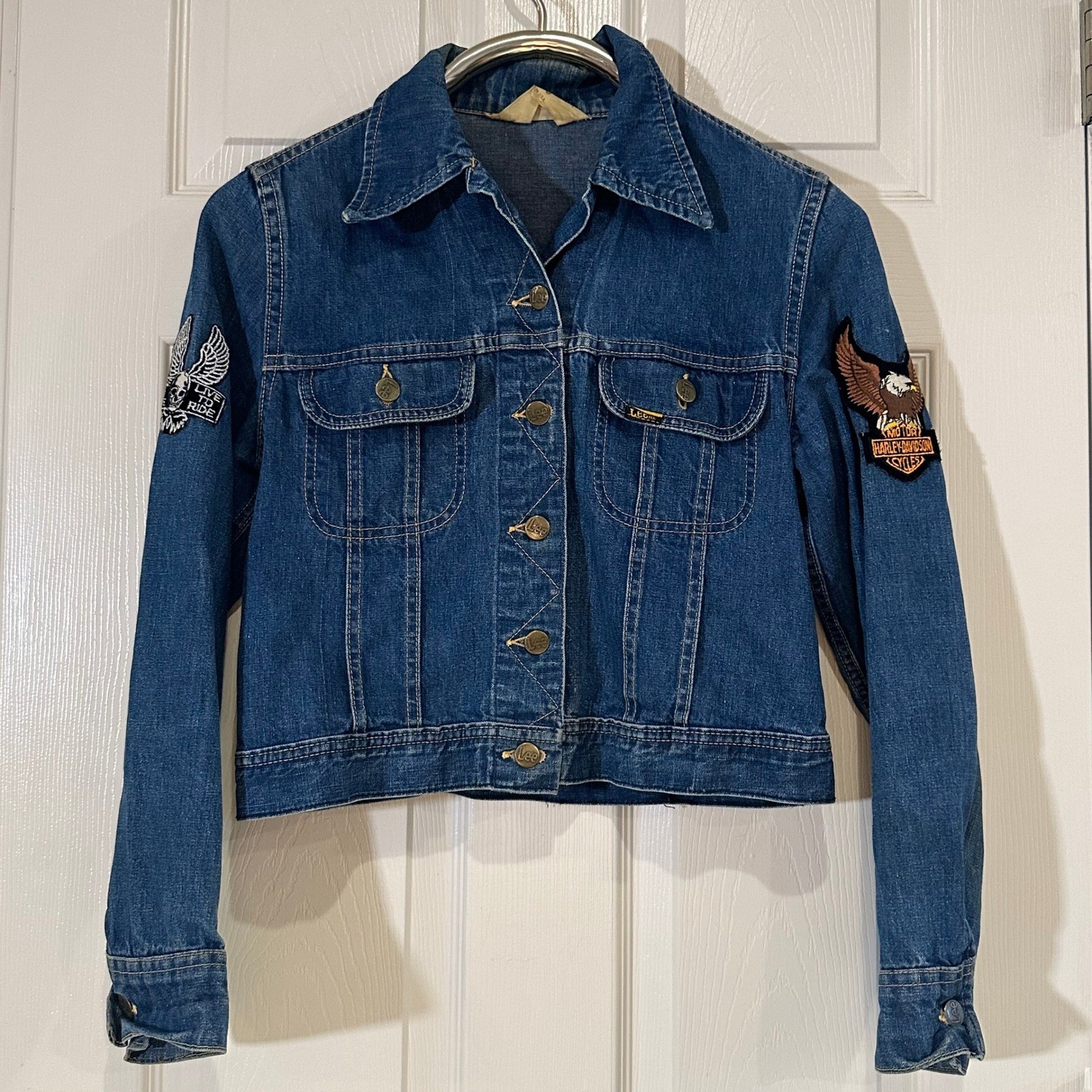 Vintage Lady Lee Harley Davidson Denim Jacket Biker Eagle Patches Dark Wash