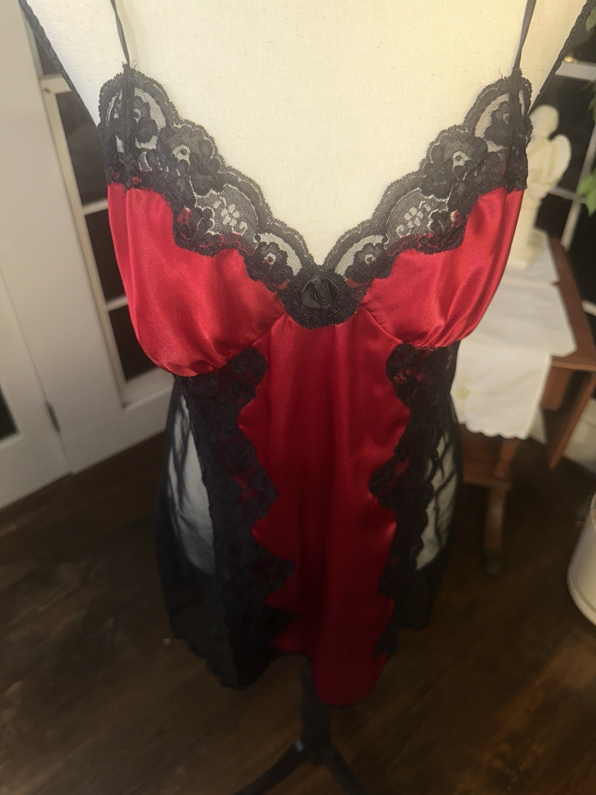 Vintage 90s Red Black Lace Babydoll Chemise Lingerie Sheer Cutout Negligee Large