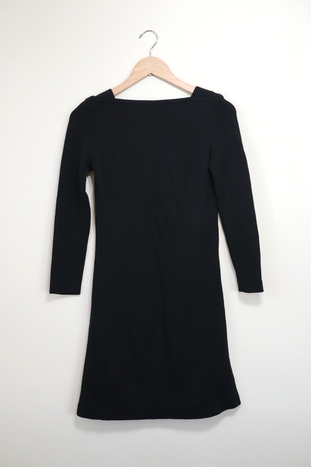60s Vintage Black Knit Jersey Square Neck Long Sleeve Slim Shift Dress Women XS