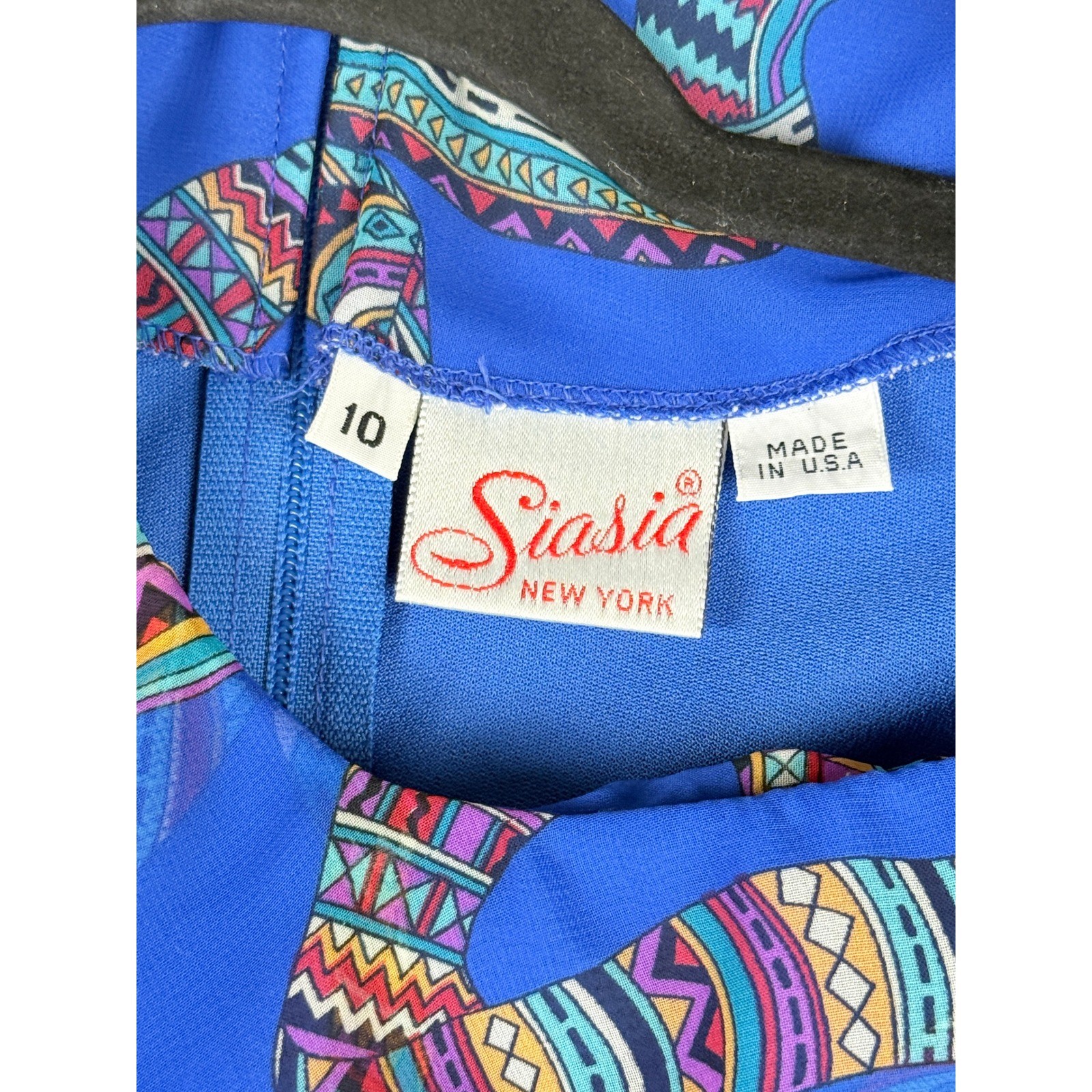 Siasia Dress Womens 10 Blue Geometric Vintage 80s Chiffon Party Statement Bold