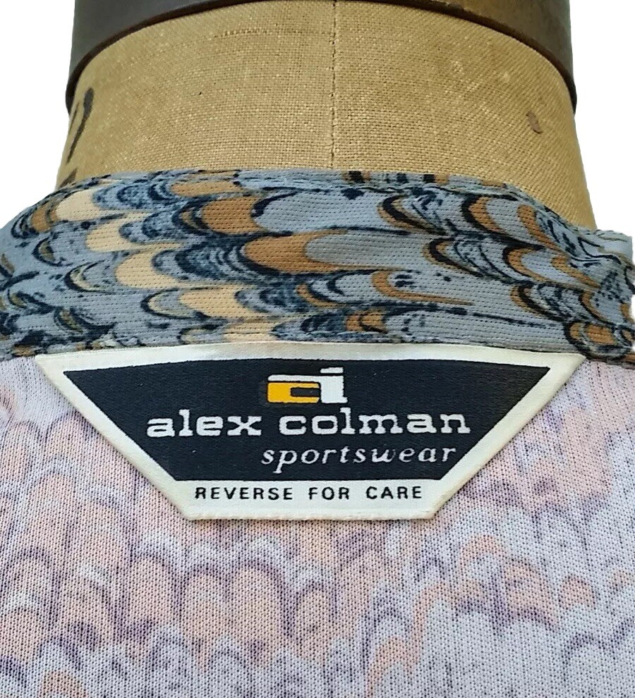 Vintage 1970s Marbleized Print Tunic LS Blouse Mandarin Band Collar Alex Colman