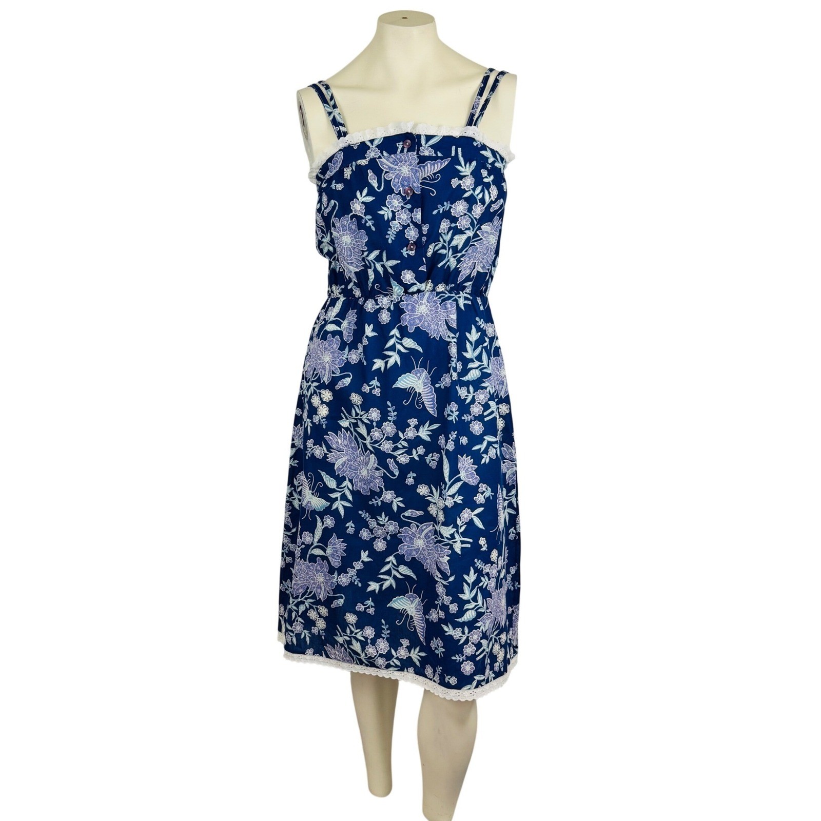 Vintage 80s Blue Floral Cottagecore Prairie Midi Sundress Medium Made in USA