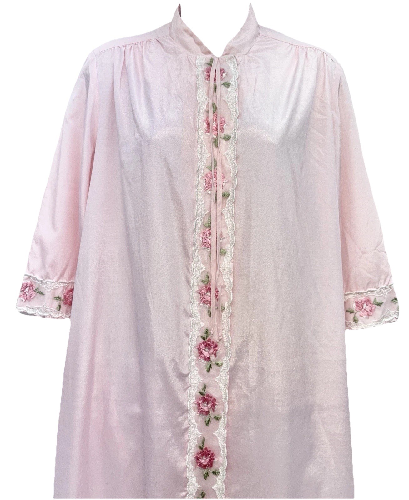 Vintage Loungees Women Size 12 Snap Button Up 3/4 Sleeve Embroidered Robe Pink