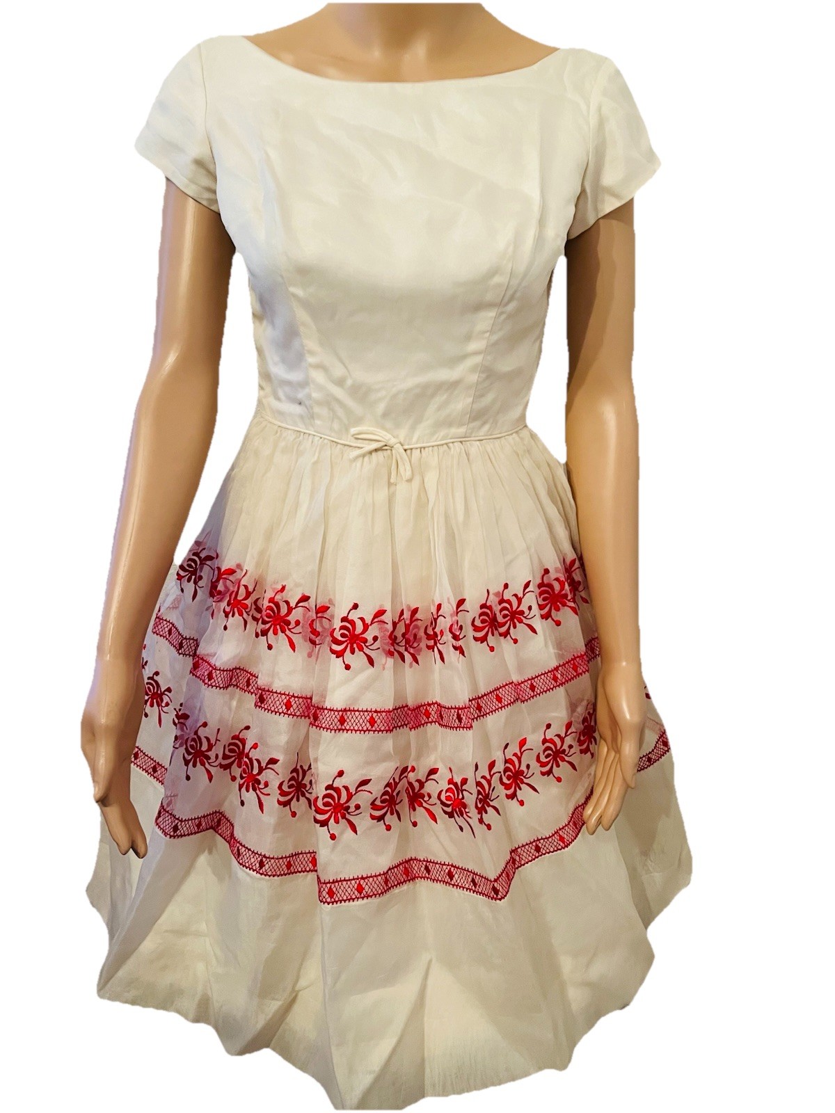 Stunning VTG 50s Ivory Chiffon Dress Red Embroidered Accents Tulle Underskirt S*