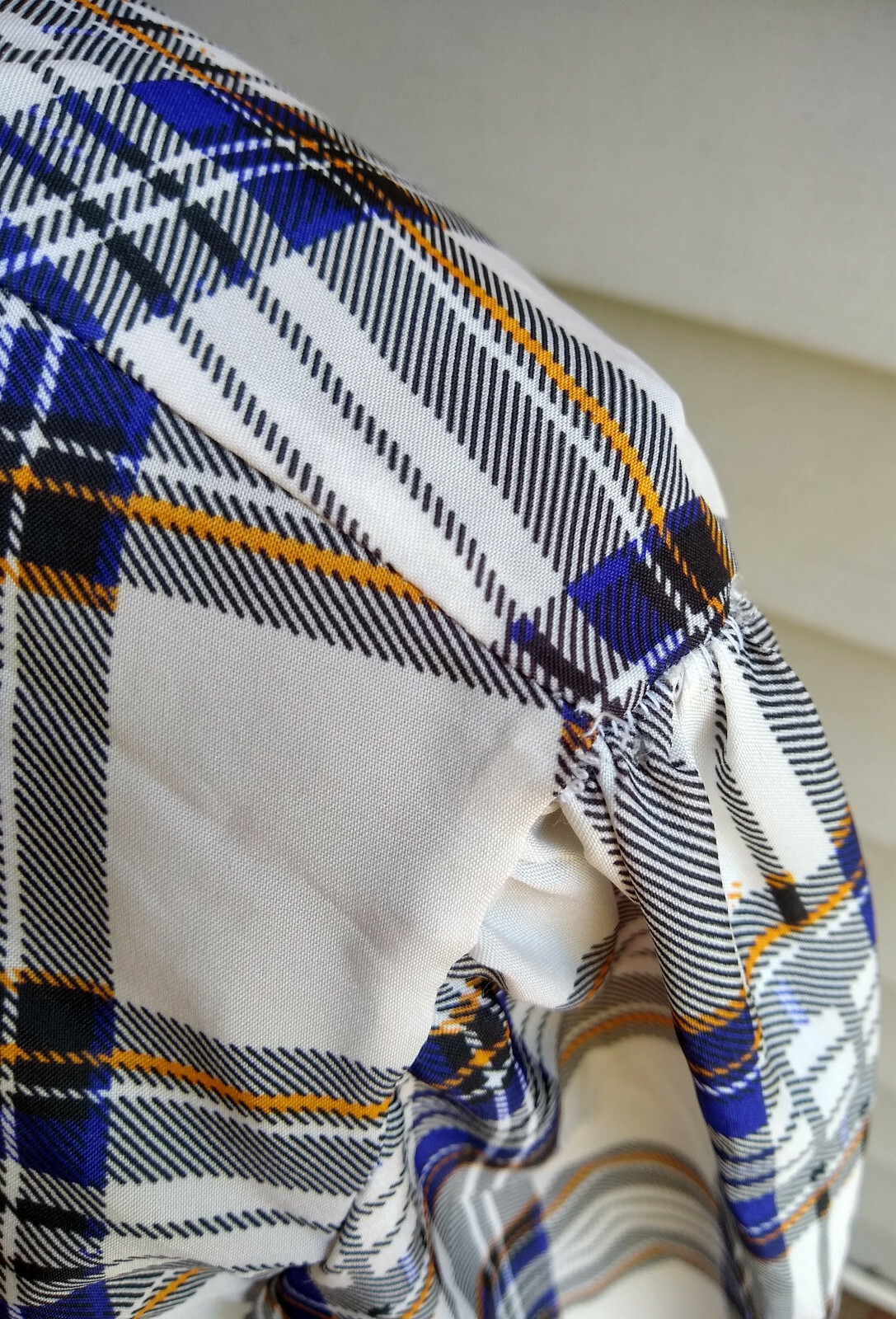 Laura Mae True Vintage High/Mock Neck LS Shirt–White/Purple/Yellow Plaid–Sz 12