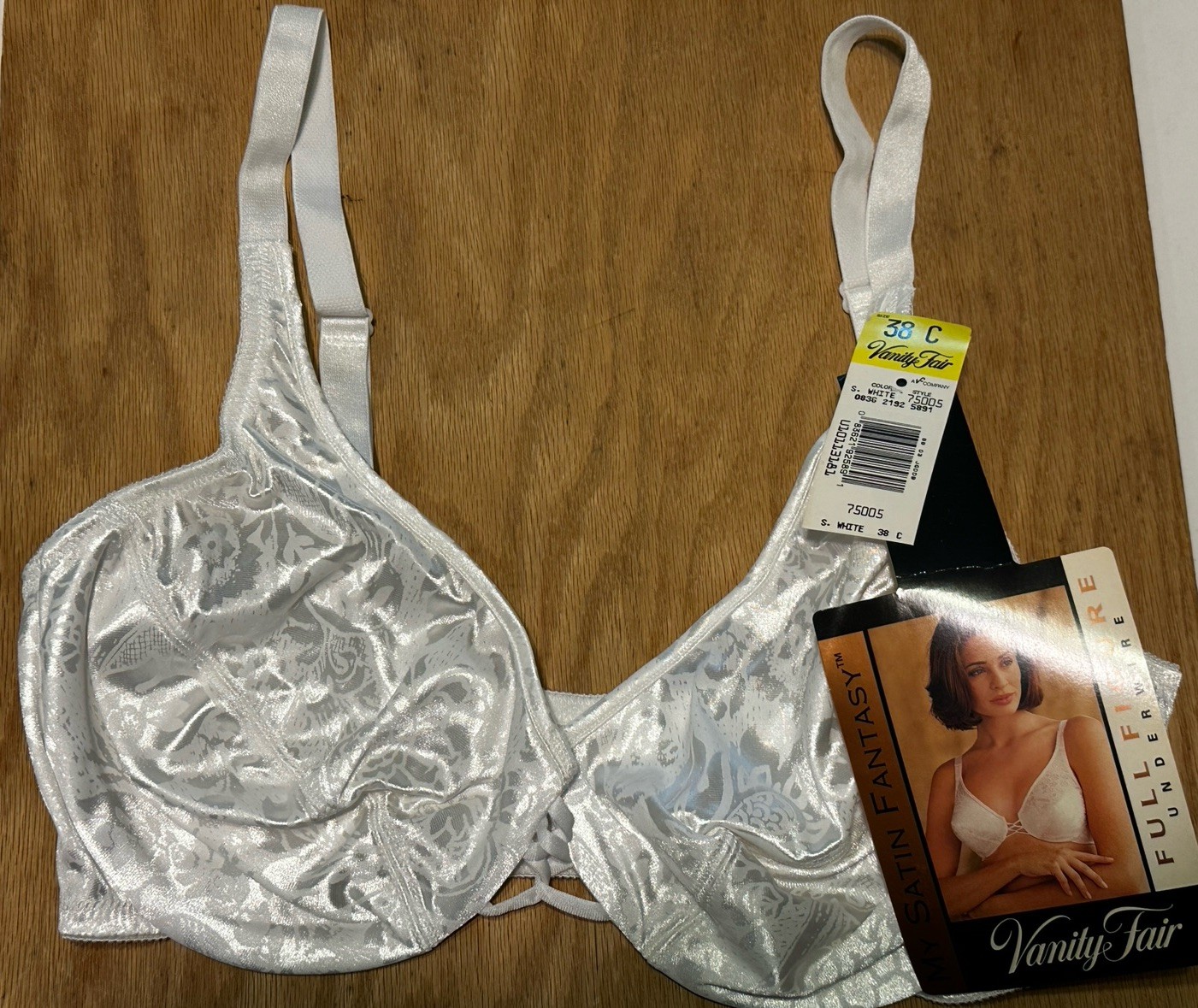 New Vtg Vanity Fair Bra 34C White jacquard Satin Fantasy Full Figure Underwire
