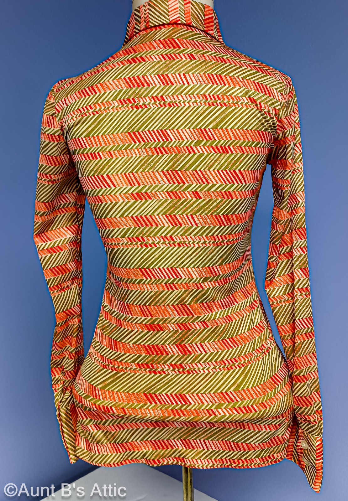 Vintage 70’s Ladies RT Burnt Orange/Olive Green Stripe Polyester LS Blouse XXS