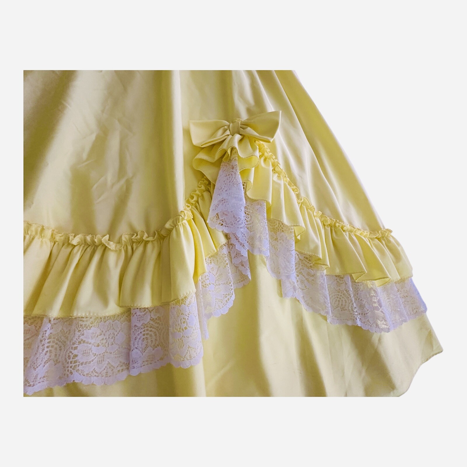 Vtg ILGWU Union Made Dress Yellow Lace Maxi Ruffle/Layered/Bow Cap Sleeve Size S