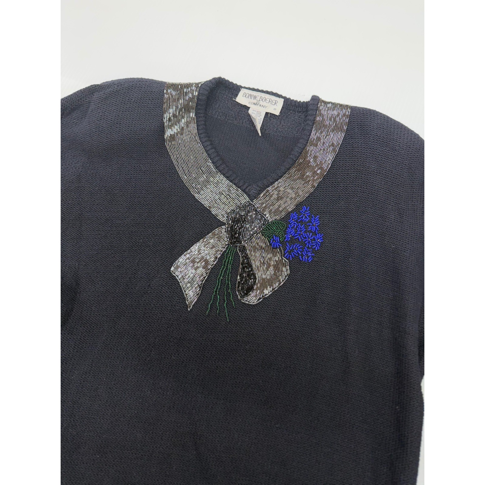 VTG Bonnie Boerer Sweater Black Beaded Sequin Bow Floral Ramie Cotton Womens M