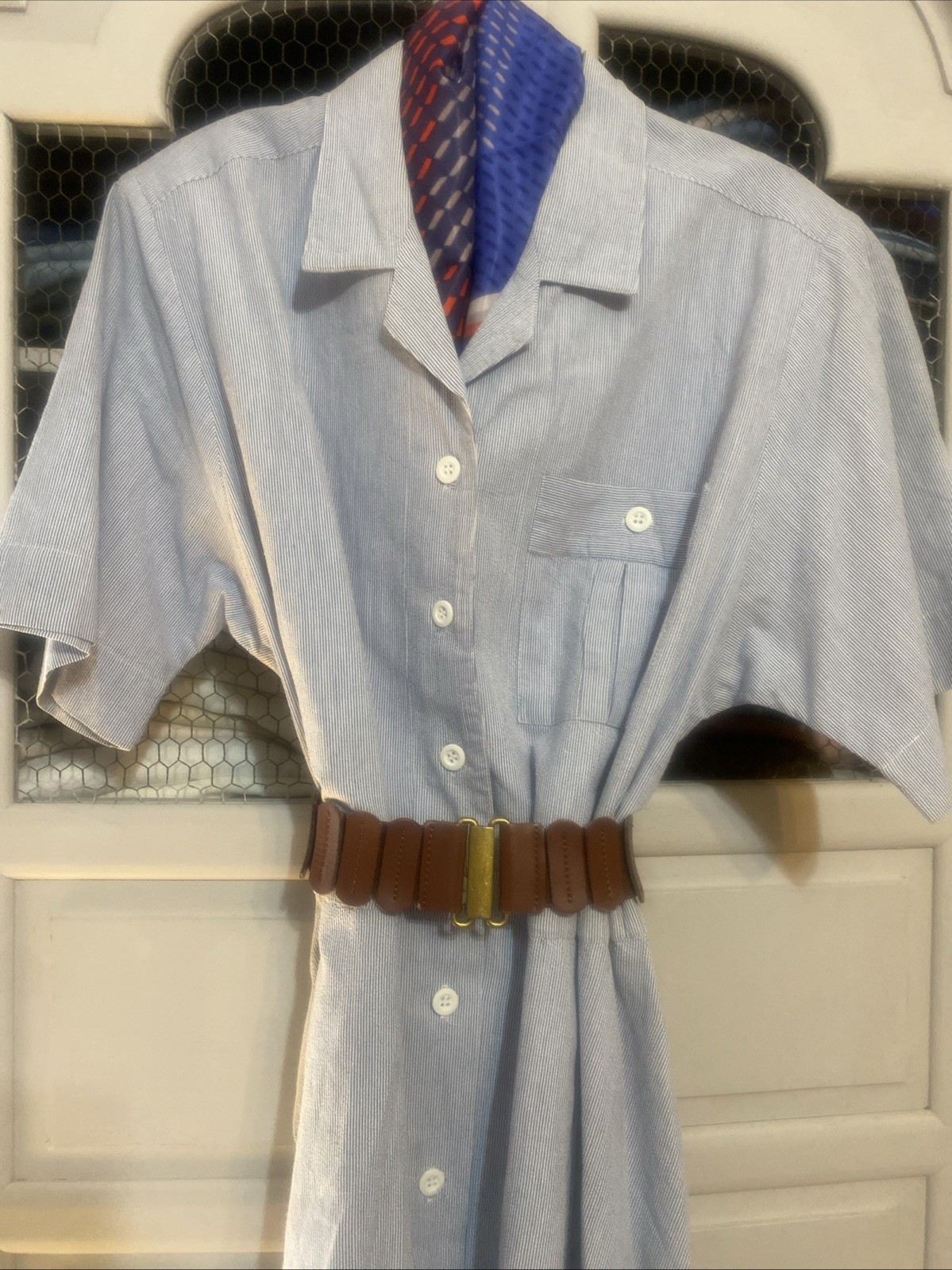 Vintage Andrew Harvey_Blue White Cotton Striped Shirt Dress, Size 14