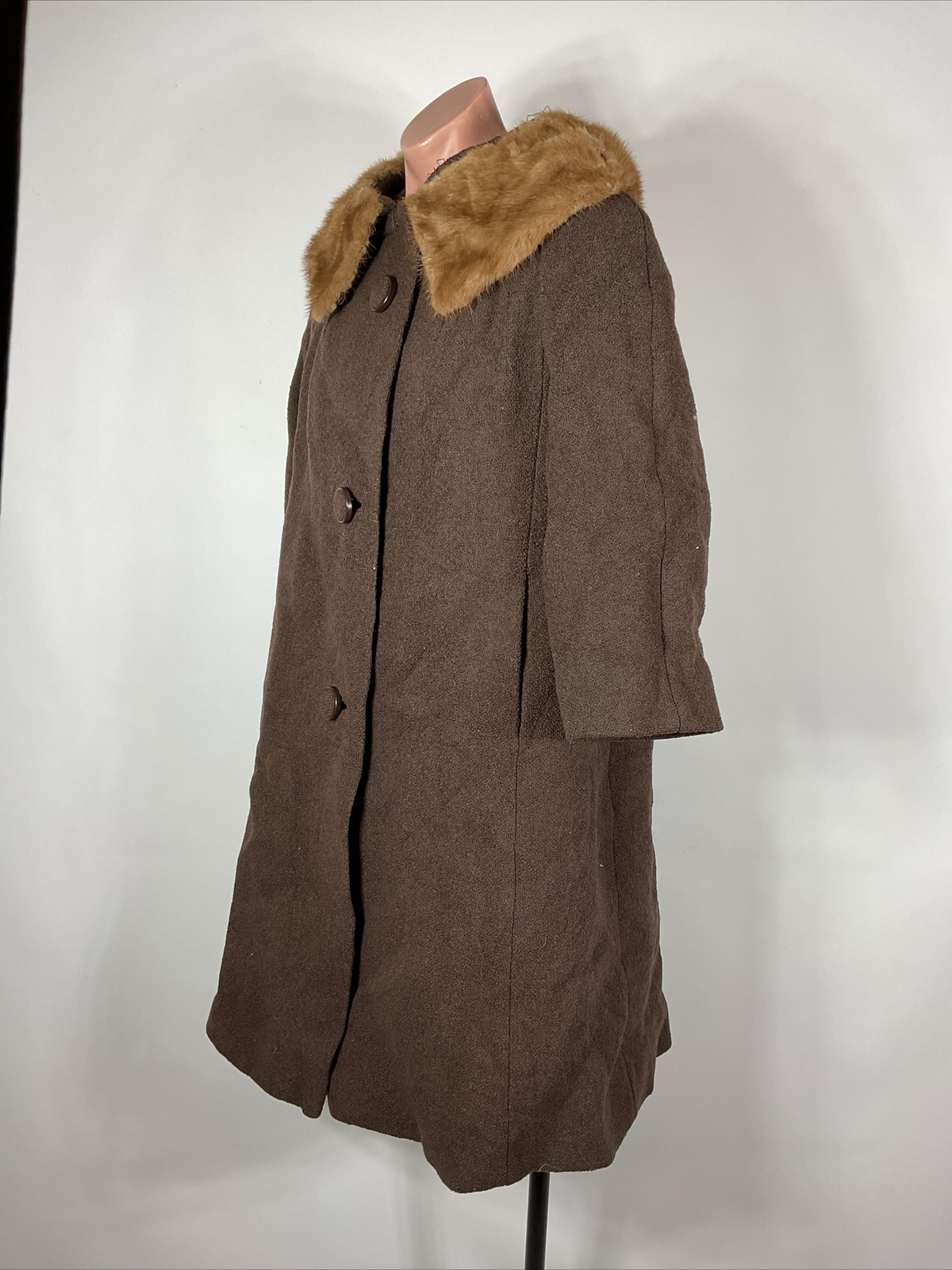 VTG 60s Forstmann Brown Wool Opera Swing Coat Mink Fur Collar L Evening Jacket