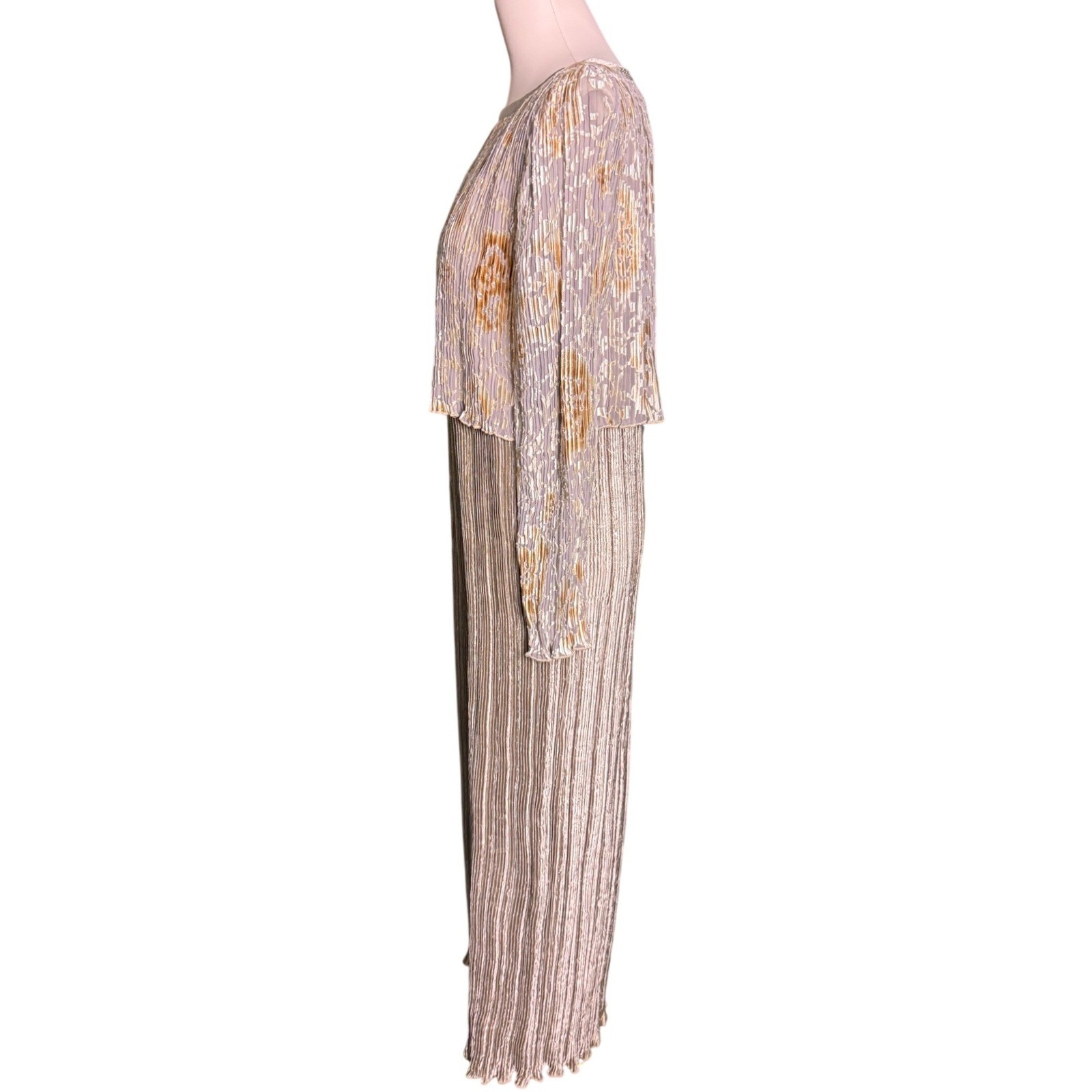 Jeanne Marc Vintage champagne Gold Burnout Micro Pleated Maxi Dress Size S 8/10