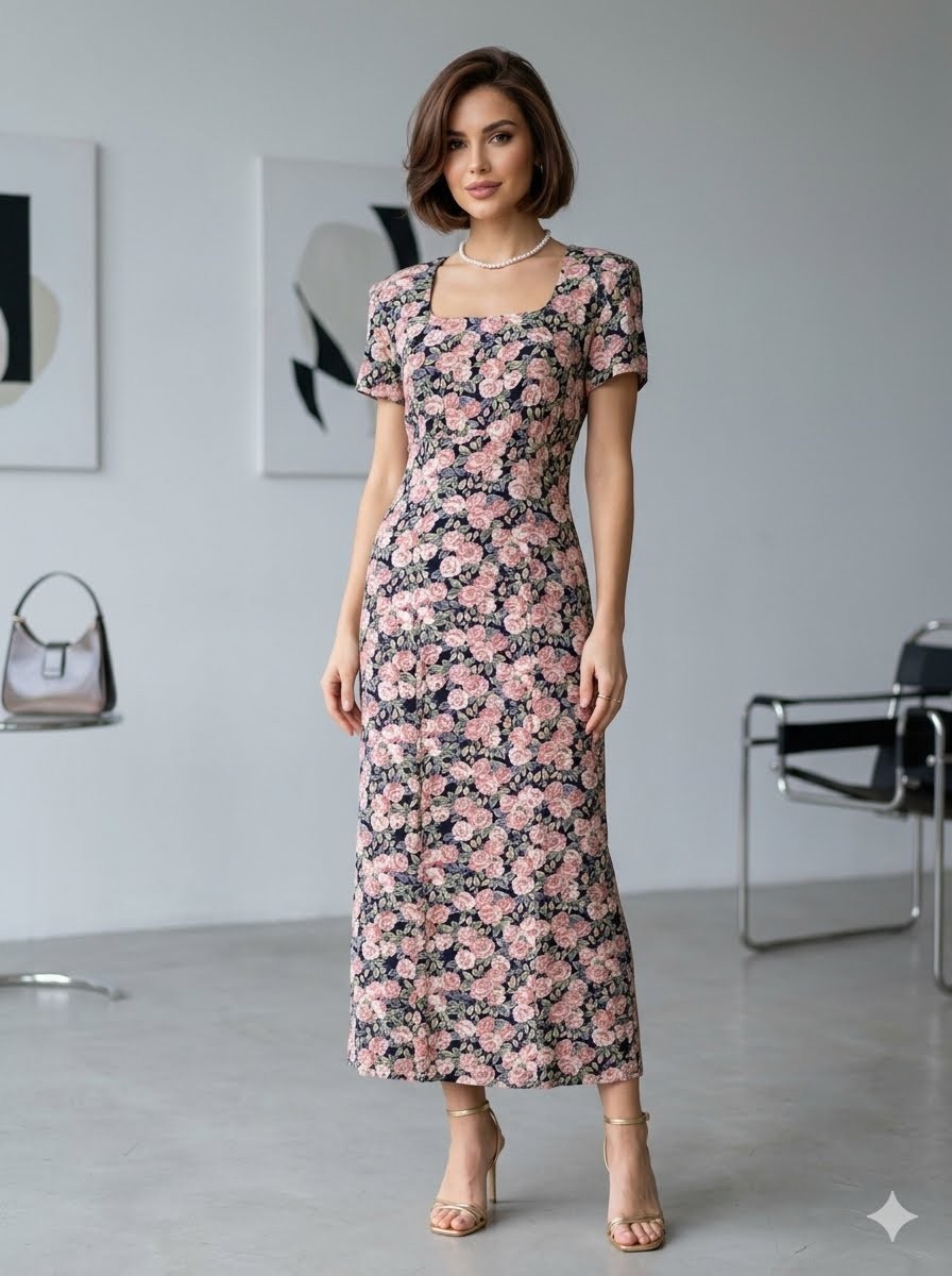 Vintage 90s Pink Rose Print Romantic Style Short Sleeve Rayon Midi Dress Size 9