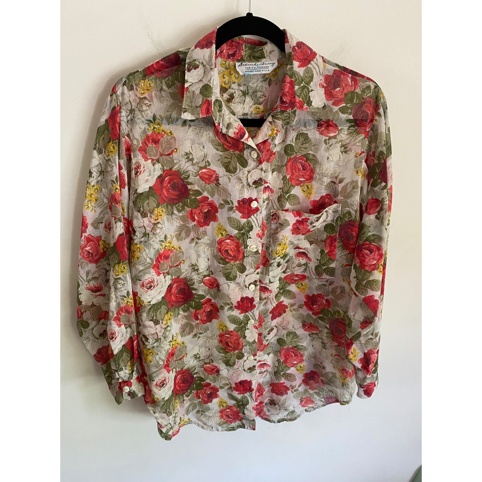 Vintage Deborah Barry Red Rose Floral Sheer Button Down Shirt Small USA