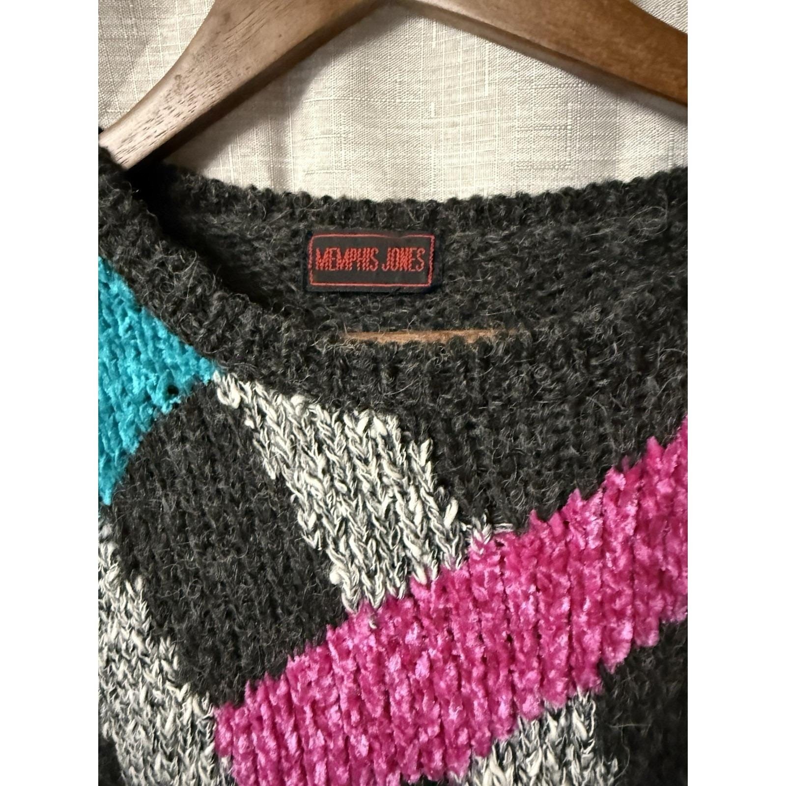 Vtg 80s Pure Wool Memphis Jones Sweater Women Size Medium Black Pink Blue