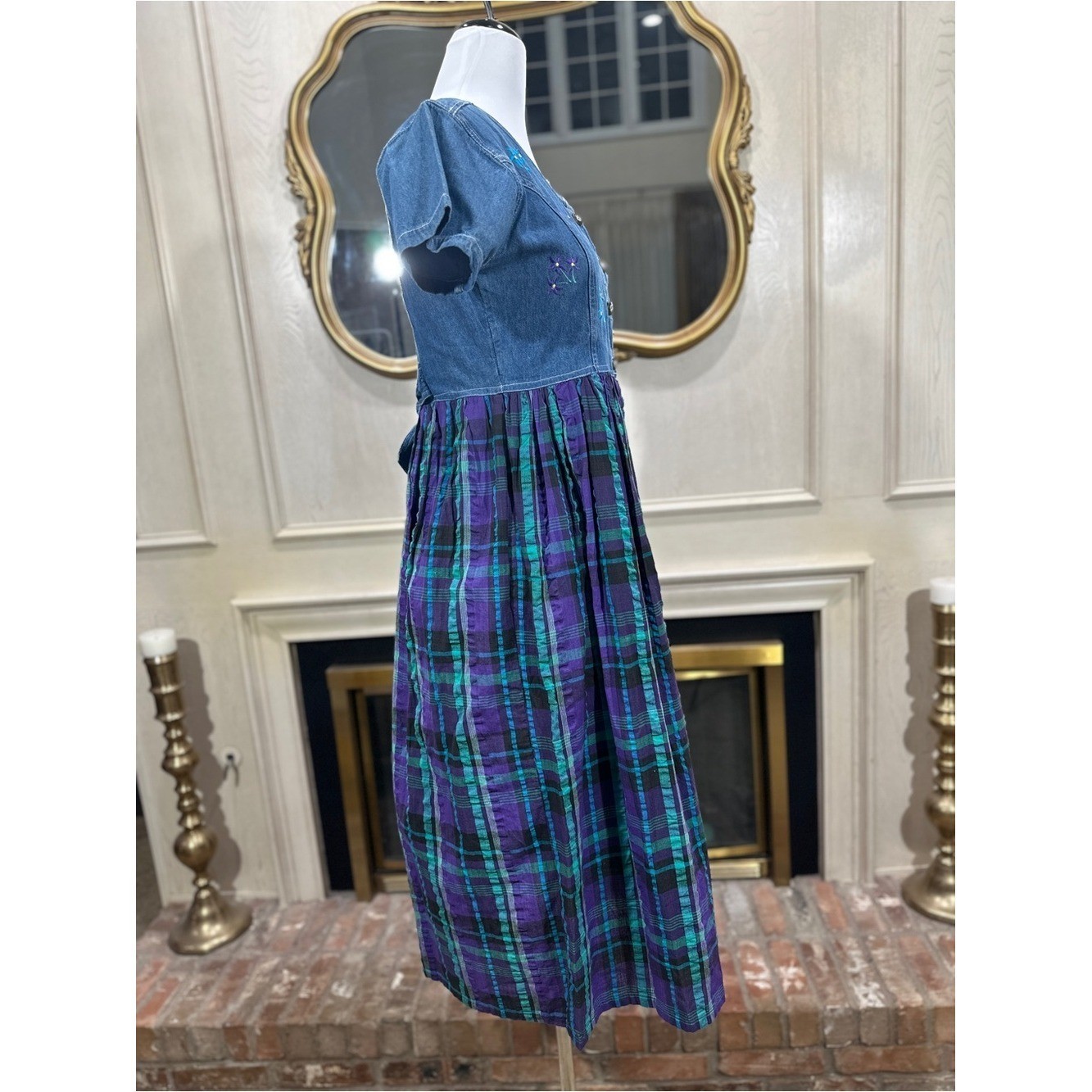 Jane Ashley Denim Plaid Dress size M Vintage Cottagecore Grannycore Boho