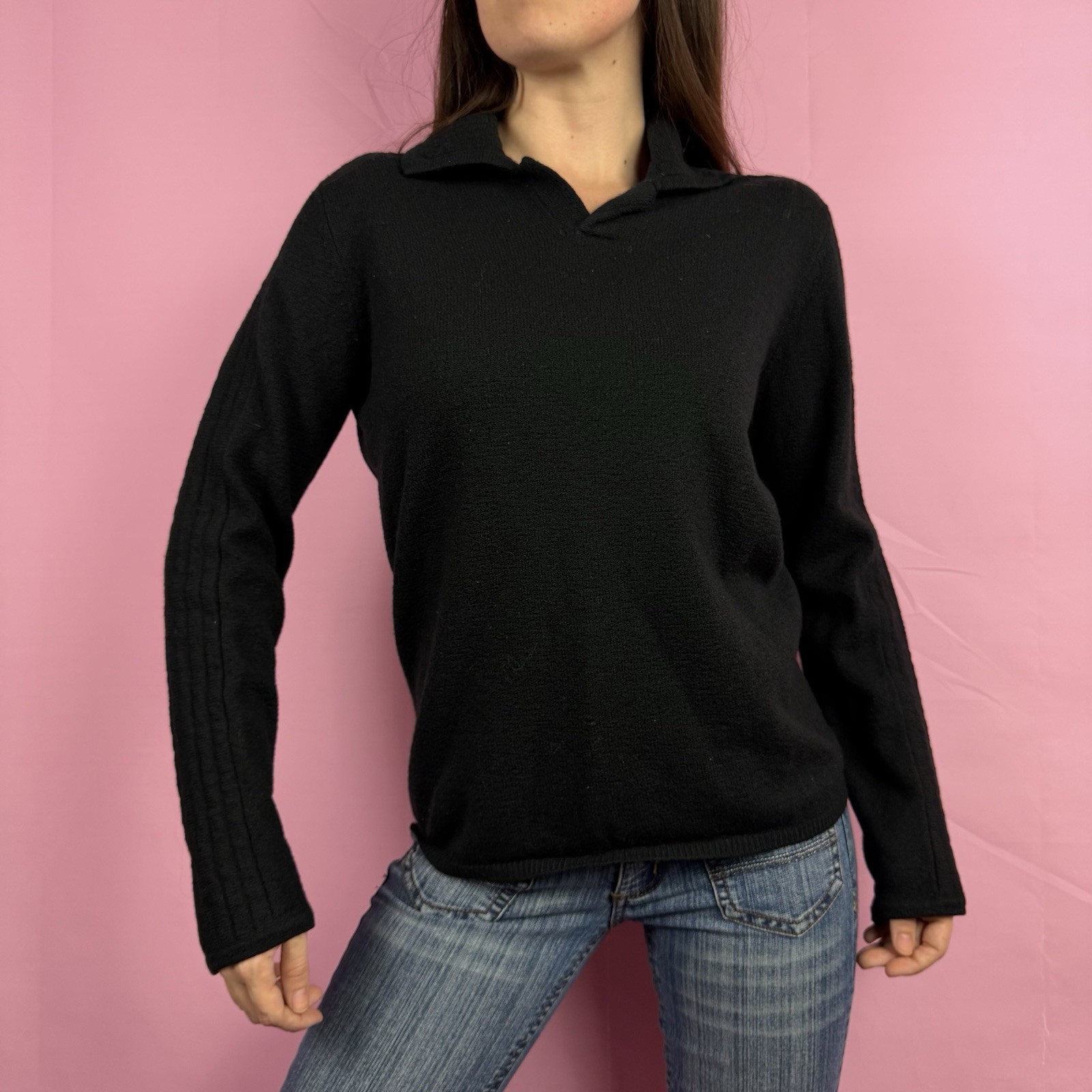 Vintage Armani Exchange Wool Blend Black Collared Sweater Polo Medium Preppy