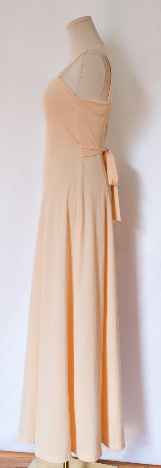 Vintage 70s Nude Peach Strappy Maxi Prom Dress Gown Ruched Bust Tie Waist XS/S